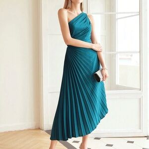 MOTF One-Shoulder Teal Pleated Midi Dress